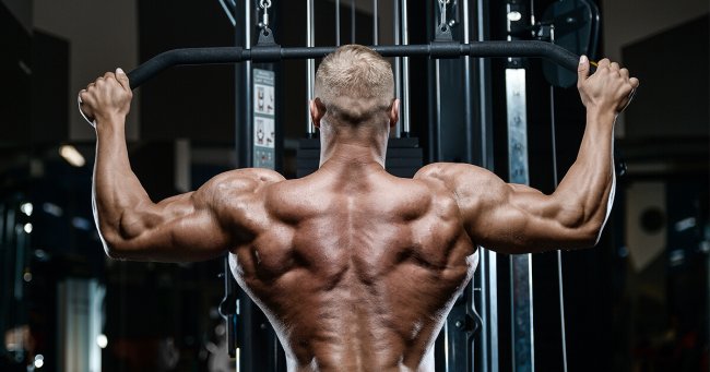 Anadrol - Male body builder working out back muscles in gym